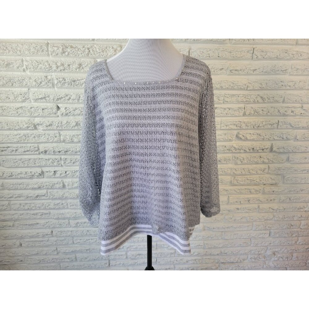 Alfred Dunner Womens Top 3X Plus Long Sleeve Gray Stripe Poly Crochet STR31E